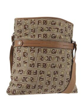 Authentic Salvatore Ferragamo Shoulder Bag Canvas Leather Brown Silver